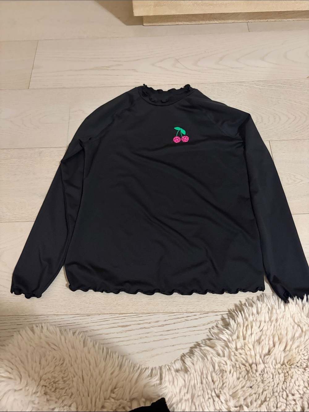 art class Black Kids Long Sleeve Swim Coverup with Pink Cherry Embroidery